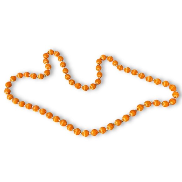 Vintage Orange Silk Satin Wrapped Bead Necklace 30”+ Gold Tone Spacer 70s 80s - Picture 3 of 3